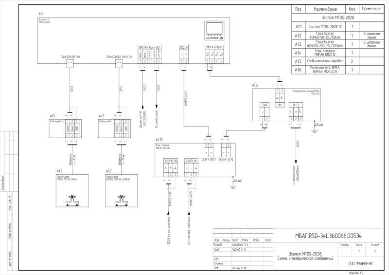 Схема электрических соединений эхолот MTDS-2028