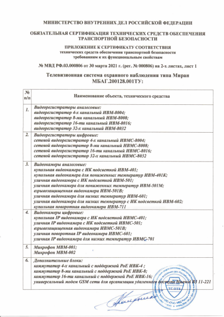 Приложение к сертификату соответствия МВД РФ.03.000806 лист 1