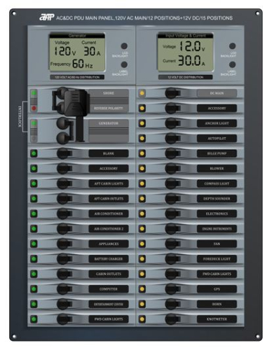 APM AC&DC PDU Main Panel, 120VAC Main/12 Positions+12VDC/15 Positions